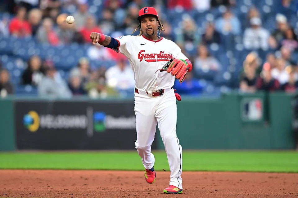 Apr 21, 2025; Cleveland, Ohio, USA; Cleveland Guardians third baseman Jose Ramirez (11) throws to first for an out during the third inning against the New York Yankees at Progressive Field. Mandatory Credit: David Dermer-Imagn Images
