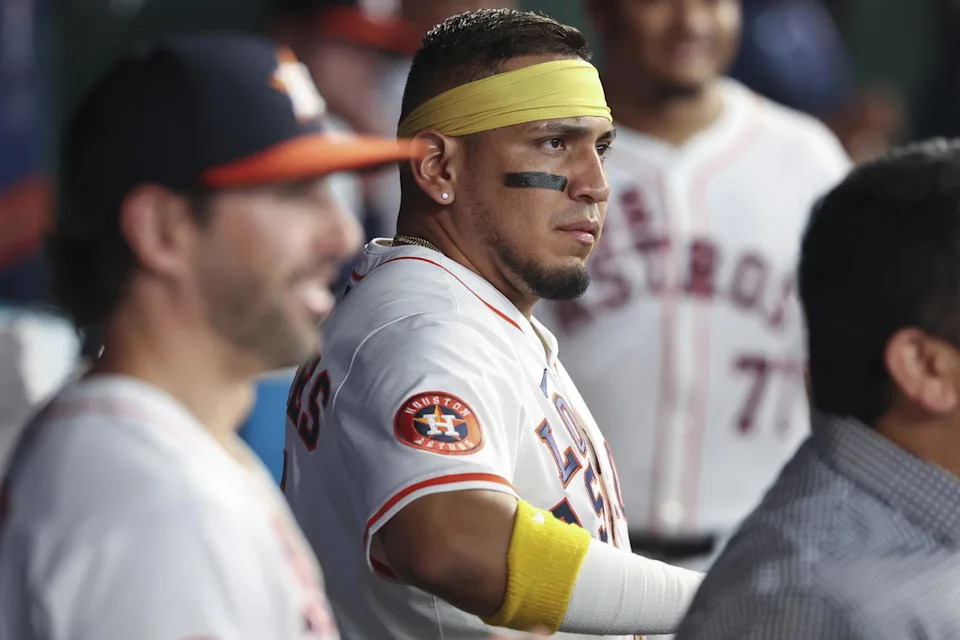 ep 20, 2025; Houston, Texas, USA; Houston Astros designated hitter Isaac Paredes (15) stands in the dugout before the game against the Seattle Mariners at Daikin Park. (Troy Taormina/Imagn Images)