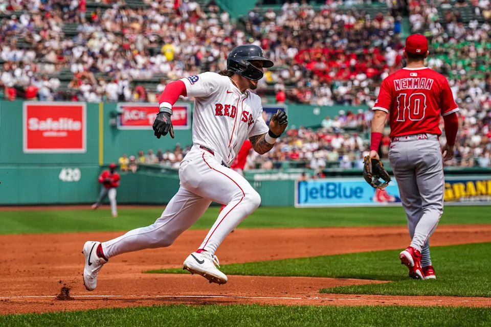 Jun 4, 2025; Boston, Massachusetts, USA; Boston Red Sox outfielder Jarren Duran (16) rounds third base to score against the Los Angeles Angels in the first inning at Fenway Park. (David Butler II/Imagn Images)