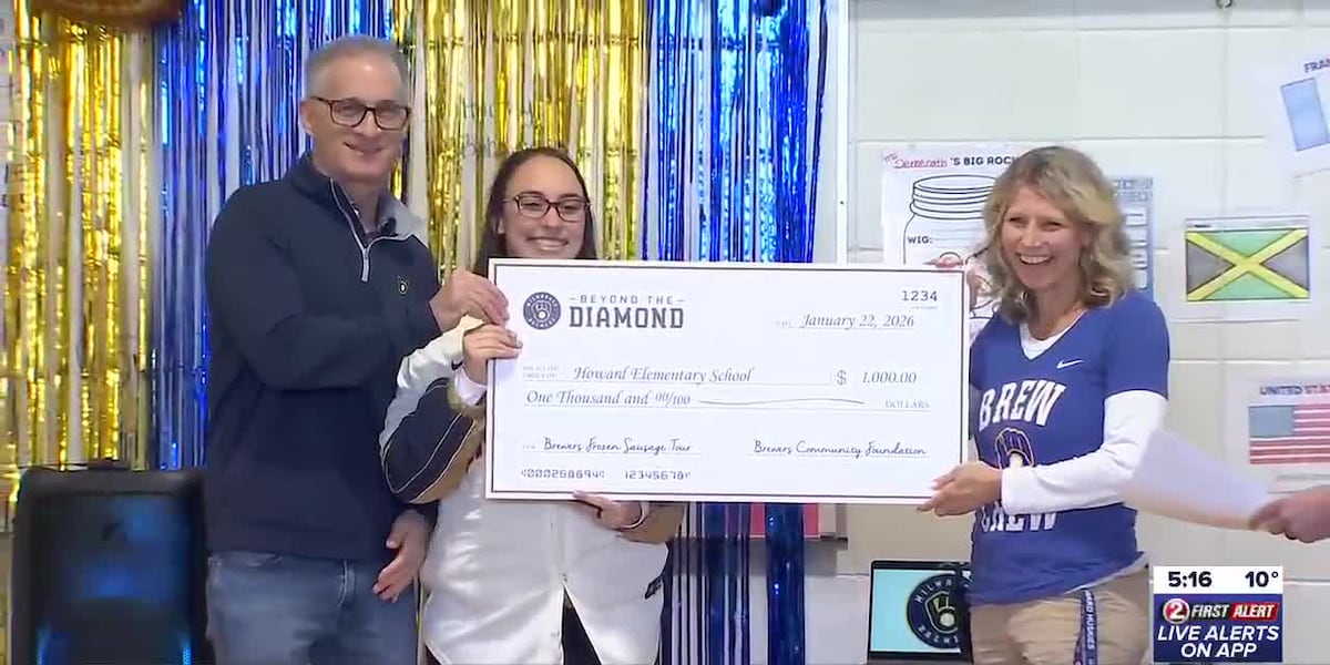 Brewers players, racing sausages honor Howard teacher with Grand Slam Teacher of the Month award