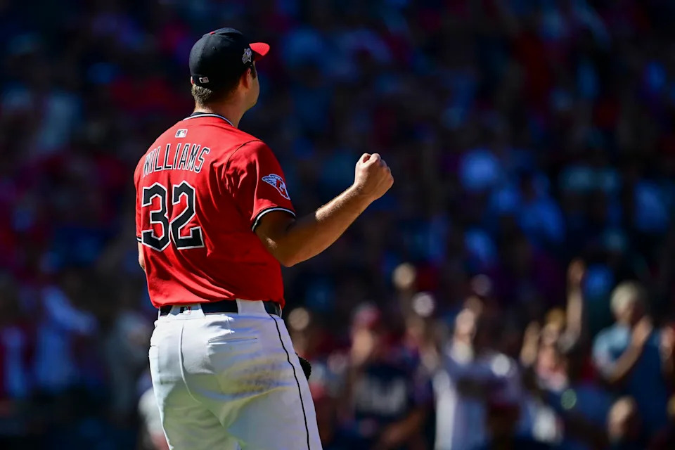 Sep 30, 2025; Cleveland, Ohio, USA; Cleveland Guardians pitcher Gavin Williams (32) reacts after a strikeout on a check swing Detroit Tigers first base Spencer Torkelson (not pictured) in the sixth inning during game one of the Wildcard round for the 2025 MLB playoffs at Progressive Field. Mandatory Credit: David Dermer-Imagn Images