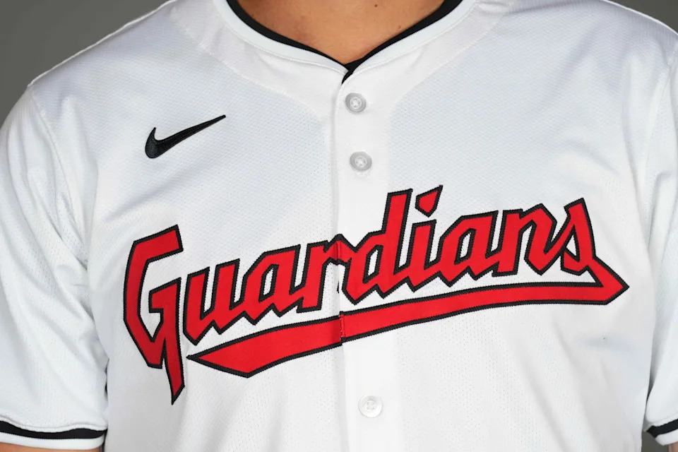 Feb 22, 2024; Goodyear, AZ, USA; The details of a Nike Cleveland Guardians jersey during Media Day at the Cleveland Guardians Spring Training Facility Mandatory Credit: Joe Camporeale-Imagn Images