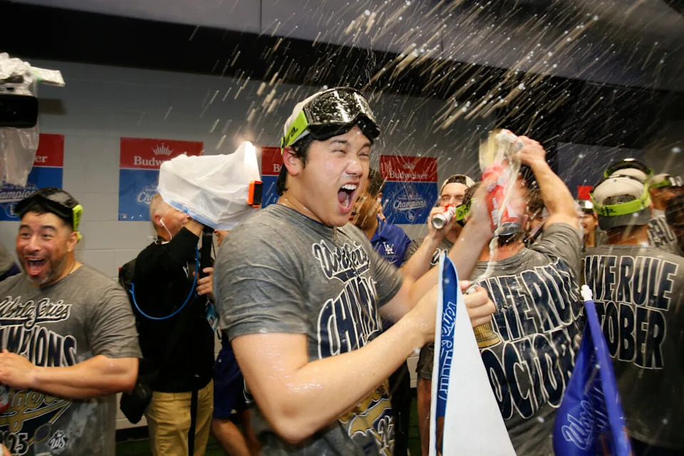 Oct 31, 2025; Toronto, Ontario, CAN; Los Angeles Dodgers two-way player Shohei Ohtani (17) celebrates with champagne in the locker room after defeating the Toronto Blue Jays in the 2025 MLB World Series at Rogers Centre. Mandatory Credit: John E. Sokolowski-Imagn Images