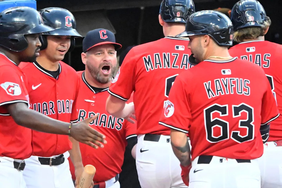 Aug 13, 2025; Cleveland, Ohio, USA; Cleveland Guardians manager Stephen Vogt (12) celebrates with his team after a three-run home run by shortstop Gabriel Arias (not pictured) in the fourth inning against the Miami Marlins at Progressive Field. Mandatory Credit: David Richard-Imagn Images