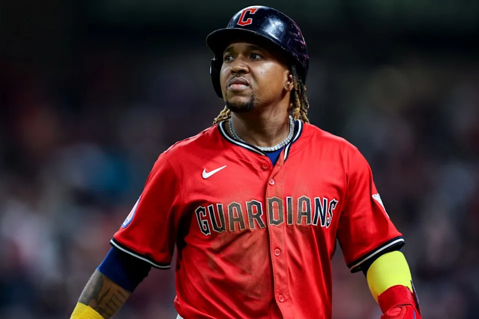Cleveland Guardians third baseman Jose Ramirez (11) leaves the field following the seventh inning of the Major League Baseball game between the Detroit Tigers and Cleveland Guardians on September 24, 2025, at Progressive Field in Cleveland, OH. Icon Sportswire via Getty Images
