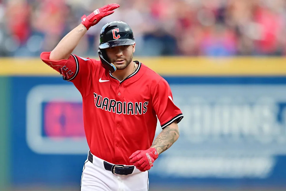 Sep 13, 2025; Cleveland, Ohio, USA; Cleveland Guardians first baseman C.J. Kayfus (63) rounds the bases after hitting a home run against the Chicago White Sox during the second inning at Progressive Field. Mandatory Credit: Ken Blaze-Imagn Images