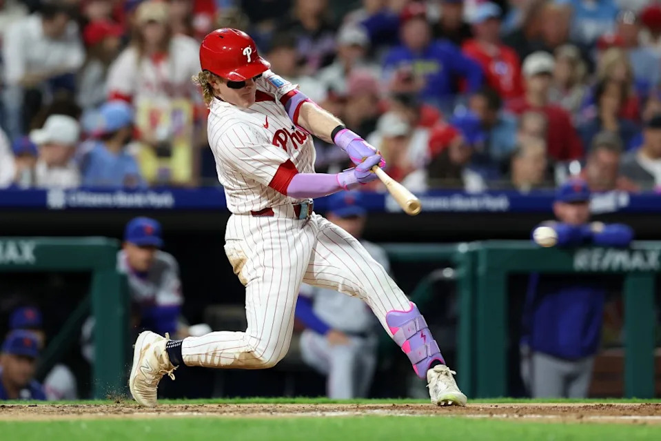 Harrison Bader singles during the Phillies’ Sept. 8 win against the Mets. Getty Images