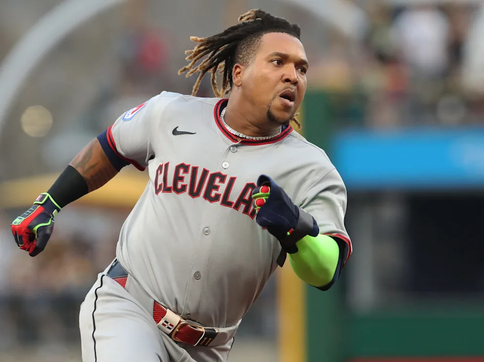 Apr 18, 2025; Pittsburgh, Pennsylvania, USA; Cleveland Guardians third baseman Jose Ramirez (11) runs the bases against the Pittsburgh Pirates during the third inning at PNC Park. Mandatory Credit: Charles LeClaire-Imagn Images