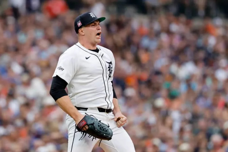 MLB, Baseball Herren, USA Toronto Blue Jays at Detroit Tigers Jul 26, 2025; Detroit, Michigan, USA; Detroit Tigers pitcher Tarik Skubal (29) reacts after he gets a strike out to end the sixth inning against the Toronto Blue Jays at Comerica Park. Detroit Comerica Park Michigan USA, EDITORIAL USE ONLY Copyright: xRickxOsentoskix 20250726_szo_aa1_0059