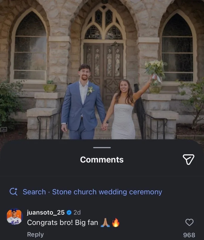 New York Mets outfielder Juan Soto comments under teammate Nolan McLean’s Instagram post on Jan. 17, 2026&commat;juansoto&lowbar;25 on Instagram