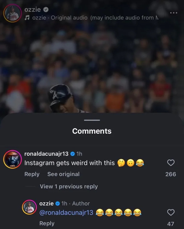 Atlanta Braves right fielder Ronald Acuna Jr. comments under a post by second baseman Ozzie Albies on Jan. 24, 2026&commat;ronaldacunajr13 on Instagram