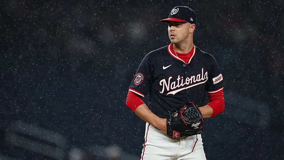 <div>WASHINGTON, DC - SEPTEMBER 16: MacKenzie Gore #1 of the Washington Nationals pitches against the Atlanta Braves during the first inning in game two of a split doubleheader at Nationals Park on September 16, 2025 in Washington, DC. (Photo by Scott Taetsch/Getty Images)</div>