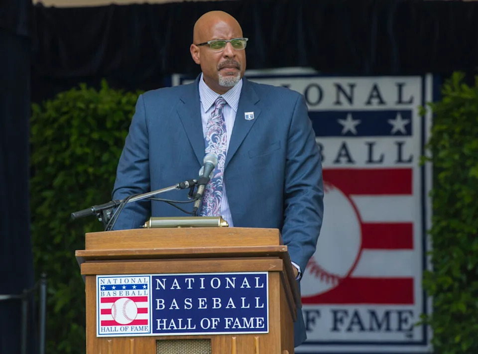 Jul 25, 2015; Cooperstown, NY, USA; MLBPA Executive Director Tony Clark speaks in recognition of the work that Curt Flood did for players right during the Awards Presentation at National Baseball Hall of Fame. Mandatory Credit: Gregory J. Fisher-USA TODAY Sports