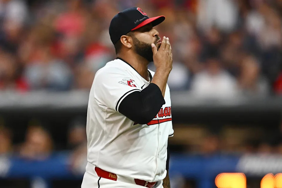 Aug 31, 2024; Cleveland, Ohio, USA; Cleveland Guardians relief pitcher Pedro Avila (60) reacts after getting the third out during the seventh inning against the Pittsburgh Pirates at Progressive Field. Mandatory Credit: Ken Blaze-Imagn Images