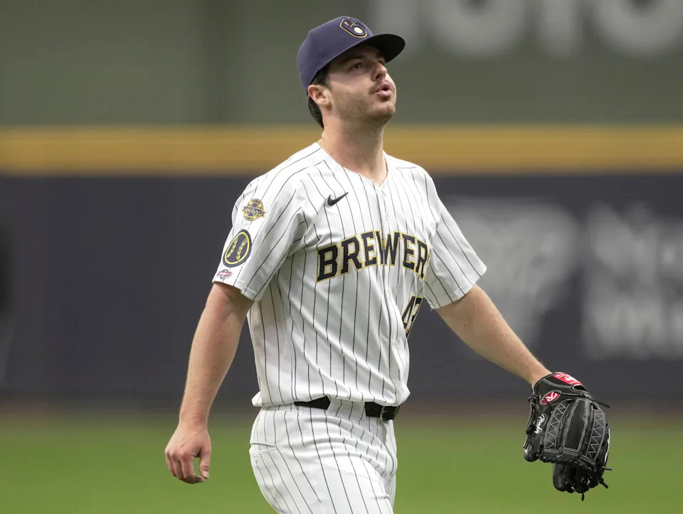 Milwaukee Brewers pitcher Logan Henderson (43) exhales after his major league debut in the first inning of their game against the Oakland Athletics Sunday, April 20, 2025 at American Family Field in Milwaukee, Wisconsin.