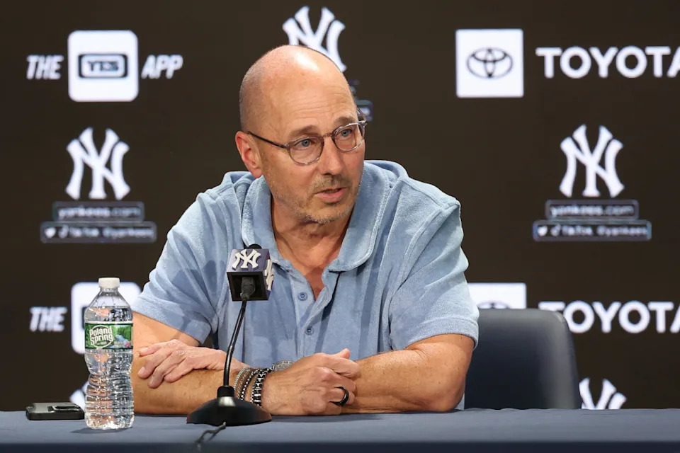 Aug 23, 2023; Bronx, New York, USA; New York Yankees general manager Brian Cashman talks with the media before the game between the Yankees and the Washington Nationals at Yankee Stadium. Mandatory Credit: Vincent Carchietta-USA TODAY Sports© Vincent Carchietta-Imagn Images&period;