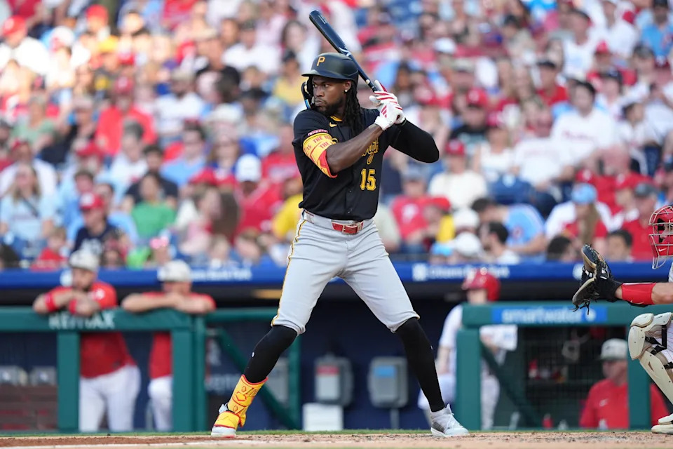 May 17, 2025; Philadelphia, Pennsylvania, USA; Pittsburgh Pirates outfielder Oneil Cruz (15) bats against the Philadelphia Phillies in the third inning at Citizens Bank Park. Mandatory Credit: Kyle Ross-Imagn Images
