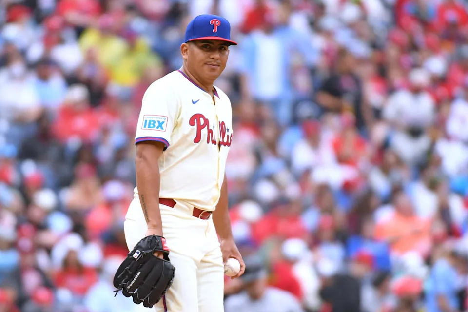 May 4, 2025; Philadelphia, Pennsylvania, USA; Philadelphia Phillies pitcher Ranger Suarez (55) reacts after allowing a run during the third inning against the Arizona Diamondbacks at Citizens Bank Park. Mandatory Credit: Eric Hartline-Imagn Images