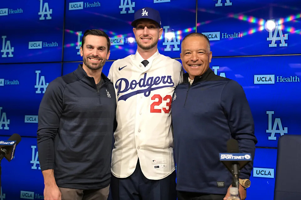Jan 21, 2026; Los Angeles, CA, USA; Los Angeles Dodgers general manager Brandon Gomes and manager Dave Roberts (30) stand with newly signed right fielder Kyle Tucker (23) at Dodger Stadium. Mandatory Credit: Jayne Kamin-Oncea-Imagn Images