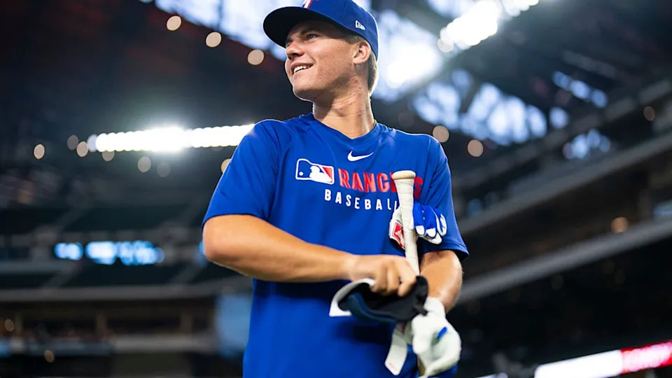 <div>ARLINGTON, TX - JULY 22: Gavin Fien of the Texas Rangers prepares to take batting practice before a game against the Athletics at Globe Life Field on July 22, 2025 in Arlington, Texas. (Photo by Bailey Orr/Texas Rangers/Getty Images)</div>