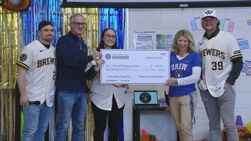 Milwaukee Brewers and players Chad Patrick and Caleb Durbin,{ }helped surprise Nicole Gardener, a teacher at Howard Elementary School in Green Bay, with the Brewers Grand Slam Teacher Award. The school also received a $1,000 donation, January 22, 2026. (WLUK)
