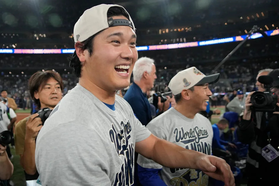 Los Angeles Dodgers two-way player Shohei Ohtani (17) celebrates after defeating the Toronto Blue Jays in game seven of the 2025 MLB World SeriesJohn E&period; Sokolowski-Imagn Images