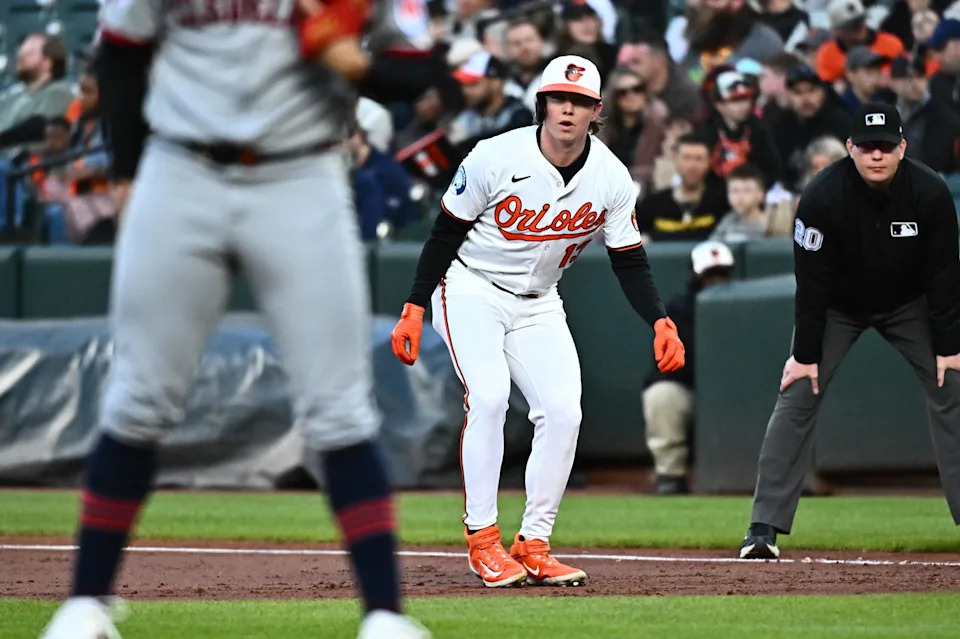 Apr 17, 2025; Baltimore, Maryland, USA; Baltimore Orioles left fielder Heston Kjerstad (13) takes a lead at first base during the second inning against the Cleveland Guardians at Oriole Park at Camden Yards. Mandatory Credit: James A. Pittman-Imagn Images