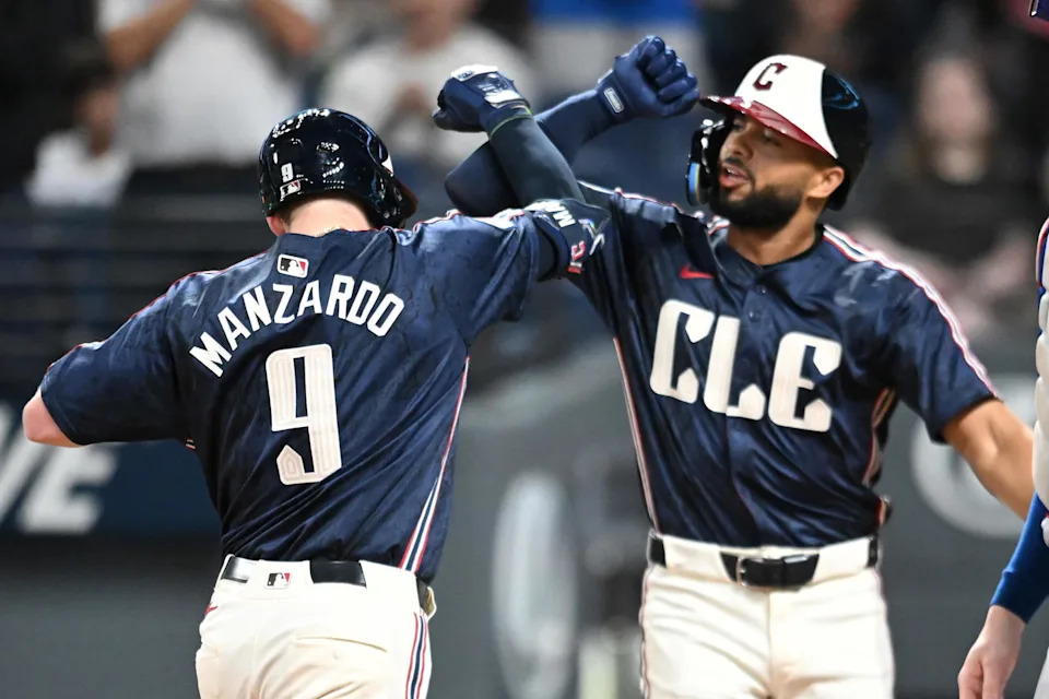 Sep 26, 2025; Cleveland, Ohio, USA; Cleveland Guardians designated hitter Kyle Manzardo (9) celebrates with right fielder George Valera (35) after hitting a home run against the Texas Rangers during the first inning at Progressive Field. Mandatory Credit: Ken Blaze-Imagn Images