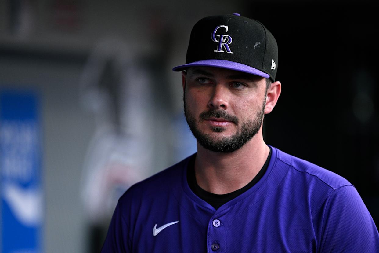 ANAHEIM, CALIFORNIA - AUGUST 01: Kris Bryant #23 of the Colorado Rockies looks on during the fourth inning against the Los Angeles Angels at Angel Stadium of Anaheim on August 01, 2024 in Anaheim, California. (Photo by Orlando Ramirez/Getty Images)