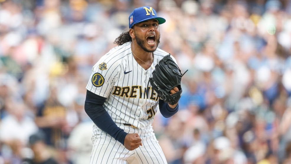 Milwaukee Brewers starting pitcher Freddy Peralta reacts after the fifth inning of a game against the Miami Marlins, Friday, July 25, 2025, in Milwaukee. (AP Photo/Jeffrey Phelps)