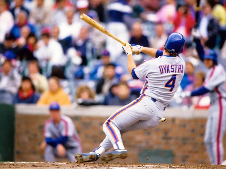 Sep 1987, Chicago, IL, USA; FILE PHOTO; New York Mets center fielder Lenny Dykstra (4) in action at the plate against the Chicago Cubs at Wrigley Field during the 1987 season. Mandatory Credit: RVR Photos-USA TODAY Sports© RVR Photos-Imagn Images.