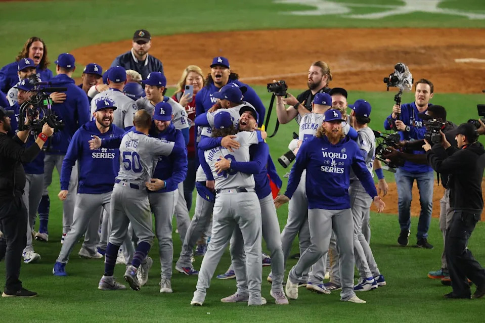 The LA Dodgers win the World Series and celebrate on the field after the game in Game Five of the 2024 World Series at Yankee Stadium. Robert Sabo for NY Post