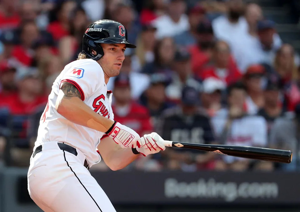 Cleveland Guardians center fielder Chase DeLauter (34) watches his first career hit during the second inning of Game 3 of the American League Wild Card Series at Progressive Field, Oct. 2, 2025, in Cleveland, Ohio.&nbsp;© Jeff Lange / USA TODAY NETWORK via Imagn Images