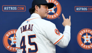 Tatsuya Imai, a right-handed pitcher from Japan, poses for photos after a press conference in Houston, Monday, Jan. 5, 2026, after signing a contract with the Houston Astros. (AP Photo/Ashley Landis)