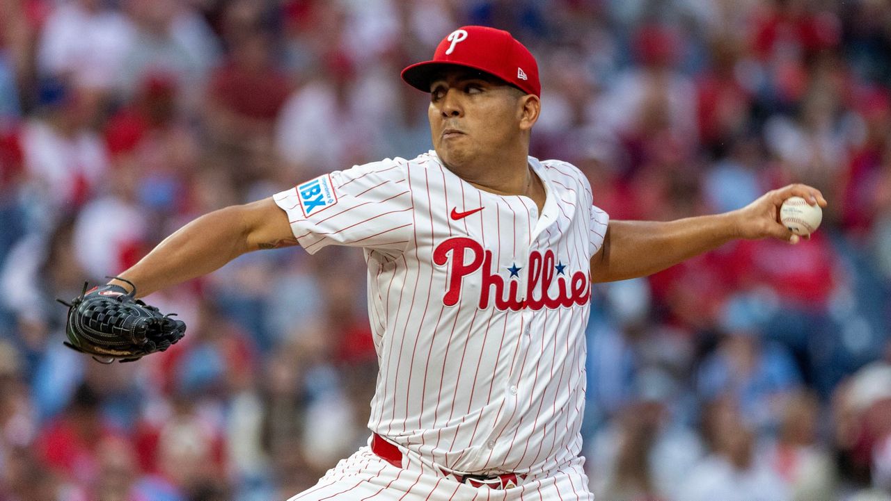 FILE - Philadelphia Phillies starting pitcher Ranger Suárez throws during the first inning of a baseball game against the Minnesota Twins, Saturday, Sept. 27, 2025, in Philadelphia. (AP Photo/Laurence Kesterson, File)