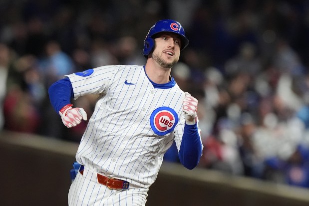 FILE - Chicago Cubs' Kyle Tucker runs the bases after hitting a solo home run during the seventh inning of Game 4 of baseball's National League Division Series against the Milwaukee Brewers, Oct. 9, 2025, in Chicago. (AP Photo/Nam Y. Huh, File)