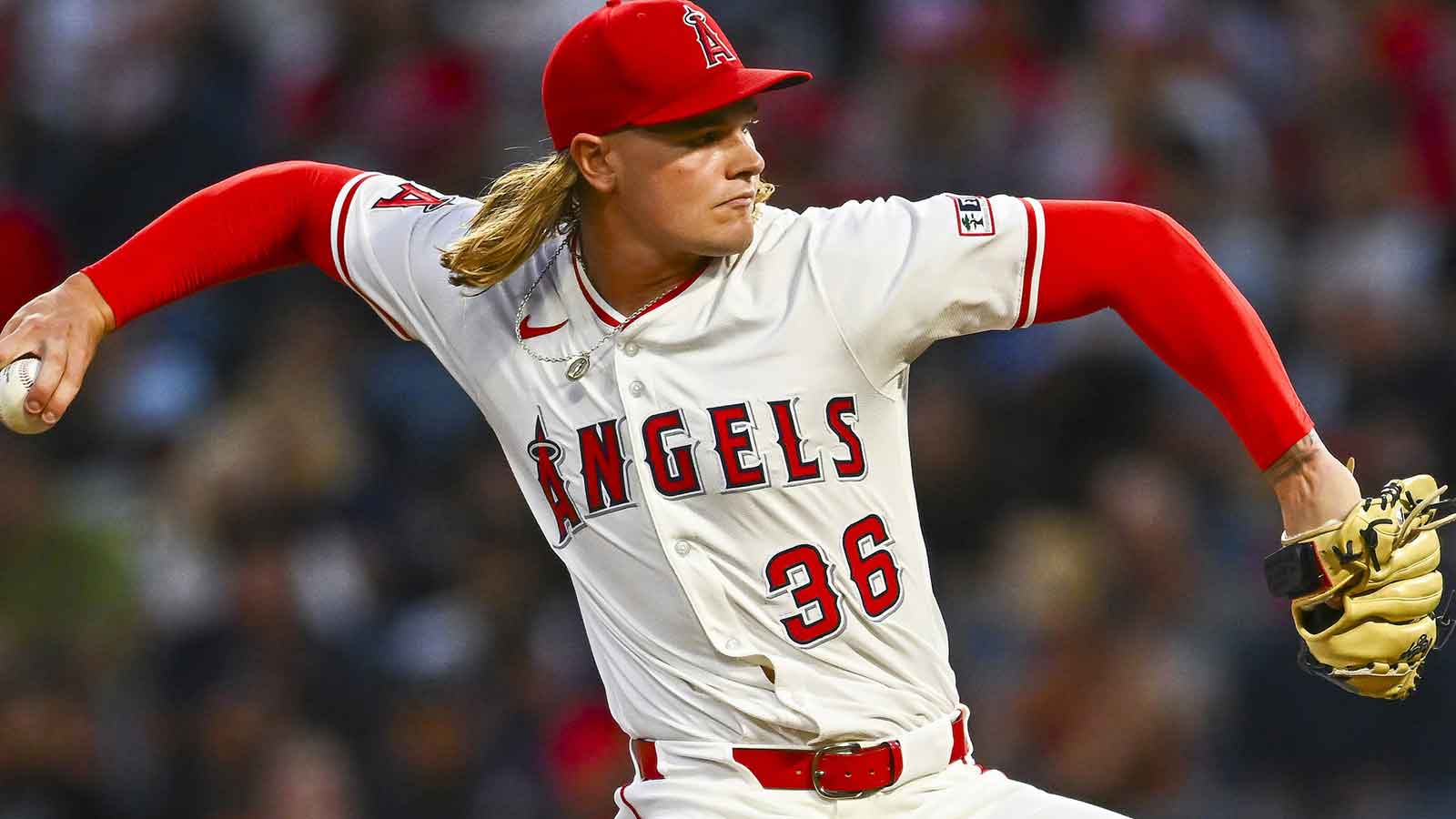 Los Angeles Angels starting pitcher Caden Dana (36) throws a pitch against the Houston Astros during the first inning at Angel Stadium.