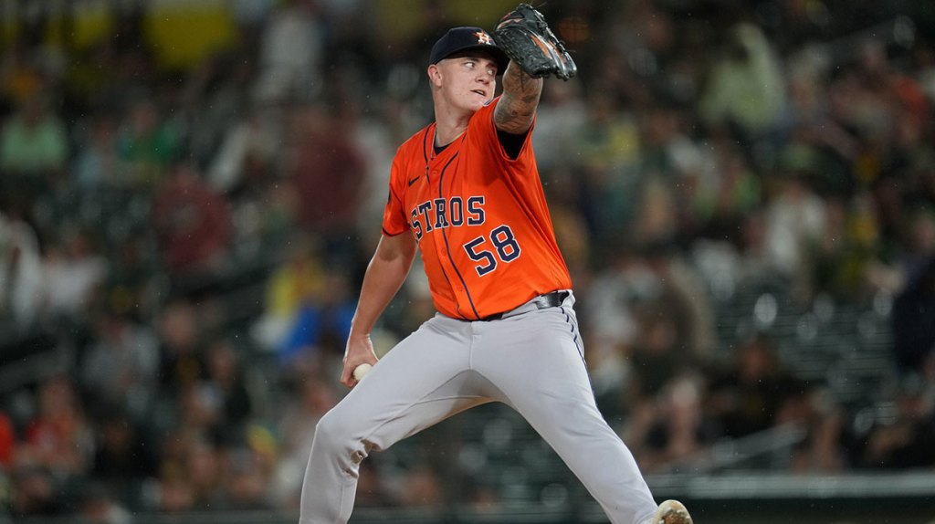 Houston Astros pitcher Hunter Brown (58) delivers a pitch against the Athletics in the fifth inning at Sutter Health Park.