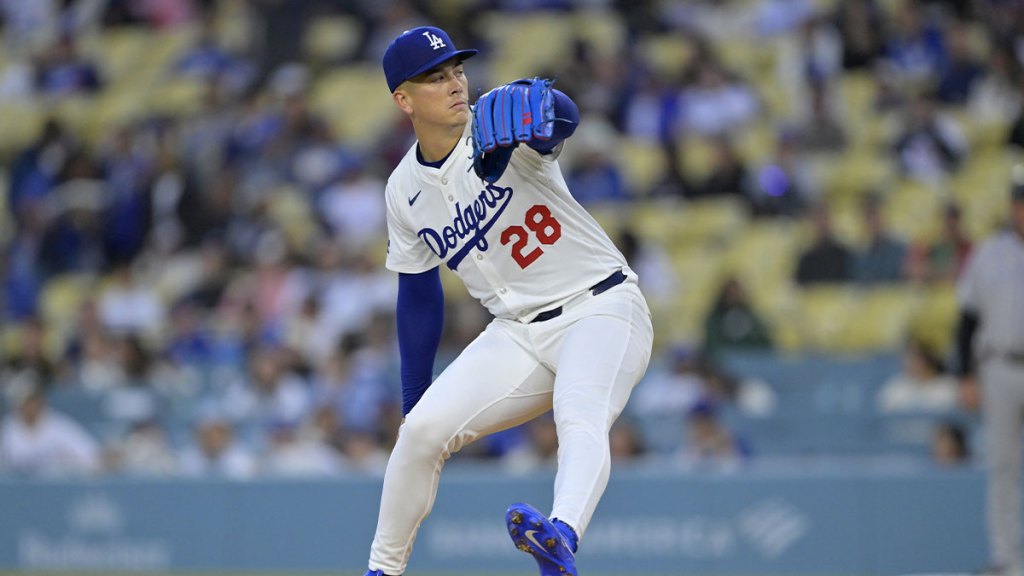 Los Angeles Dodgers pitcher Bobby Miller (28) pitches in the first inning against the Colorado Rockies at Dodger Stadium.