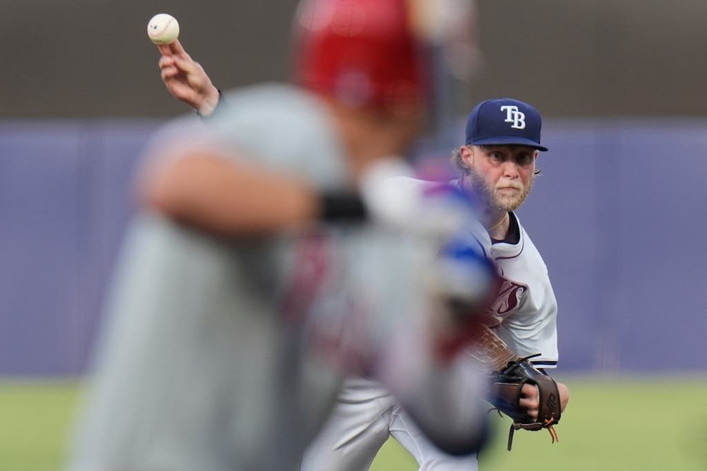 Tampa Bay Rays pitcher Shane Baz delivers to the Philadelphia Phillies during the first inning of a baseball game Wednesday, May 7, 2025, in Tampa, Fla.