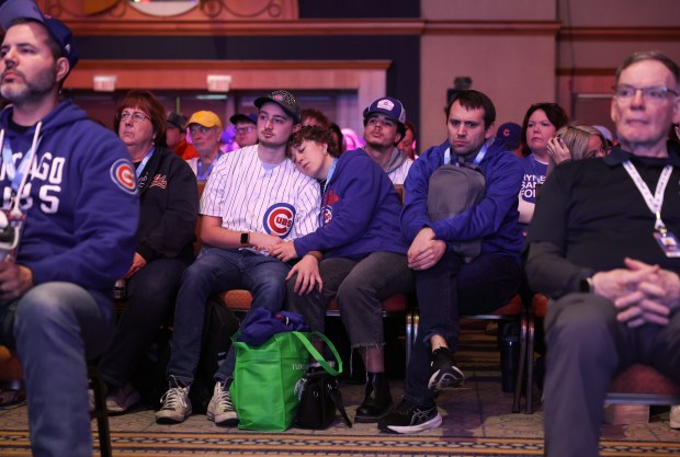Fans listen to Cubs President of Baseball Operations Jed Hoyer and general manager Carter Hawkins speak during the Cubs Convention at the Sheraton Grand Chicago Riverwalk on Jan. 17, 2025. (John J. Kim/Chicago Tribune)