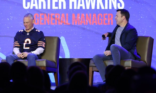 Cubs President of Baseball Operations Jed Hoyer, left, and general manager Carter Hawkins speak during the Cubs Convention at the Sheraton Grand Chicago Riverwalk on Jan. 17, 2025. (John J. Kim/Chicago Tribune)
