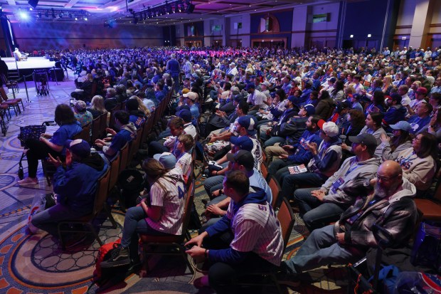 A capacity crowd listens to new Cubs player Alex Bregman and infielder Ian Happ have a discussion during the Cubs Convention at the Sheraton Grand Chicago Riverwalk on Jan. 17, 2025. (John J. Kim/Chicago Tribune)