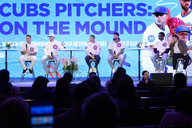 Cubs pitchers Matthew Boyd, from left, Jameson Taillon, Cade Horton, Colin Rea and Edward Cabrera participate in a discussion during the Cubs Convention at the Sheraton Grand Chicago Riverwalk on Jan. 17, 2025. (John J. Kim/Chicago Tribune)