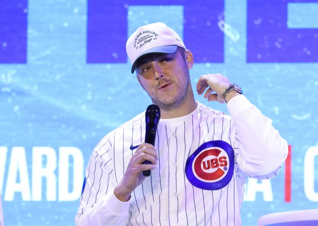 Cubs pitcher Jameson Taillon participates in a discussion during the Cubs Convention at the Sheraton Grand Chicago Riverwalk on Jan. 17, 2025. (John J. Kim/Chicago Tribune)