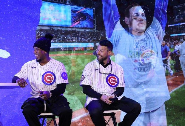 Former Cubs players Pedro Strop, left, and Ben Zobrist participate in a discussion about the 2016 World Series Champions team during the Cubs Convention at the Sheraton Grand Chicago Riverwalk on Jan. 17, 2025. (John J. Kim/Chicago Tribune)