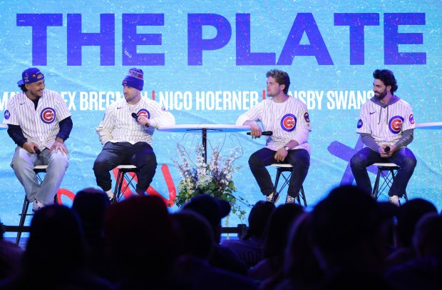 Cubs players Miguel Amaya, from left, Alex Bregman, Nico Hoerner and Dansby Swanson participate in a discussion during the Cubs Convention at the Sheraton Grand Chicago Riverwalk on Jan. 17, 2025. (John J. Kim/Chicago Tribune)