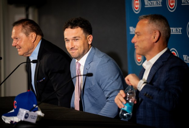 The Chicago Cubs, with team president Jed Hoyer at right, and agent Scott Boras at left, introduce recently signed third baseman Alex Bregman at a press conference at Cubs offices, Thursday, Jan. 15, 2026. (E. Jason Wambsgans/Chicago Tribune)