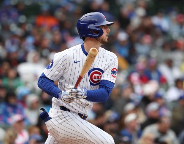 Cubs right fielder Kyle Tucker lines out against the Diamondbacks on April 20, 2025, at Wrigley Field. (Brian Cassella/Chicago Tribune)