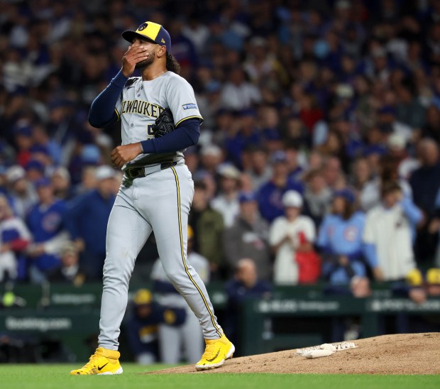 Milwaukee Brewers starting pitcher Freddy Peralta walks off the mound during a tough first inning against the Chicago Cubs during Game 4 of the NL Division Series at Wrigley Field in Chicago on Oct. 9, 2025. (Chris Sweda/Chicago Tribune)